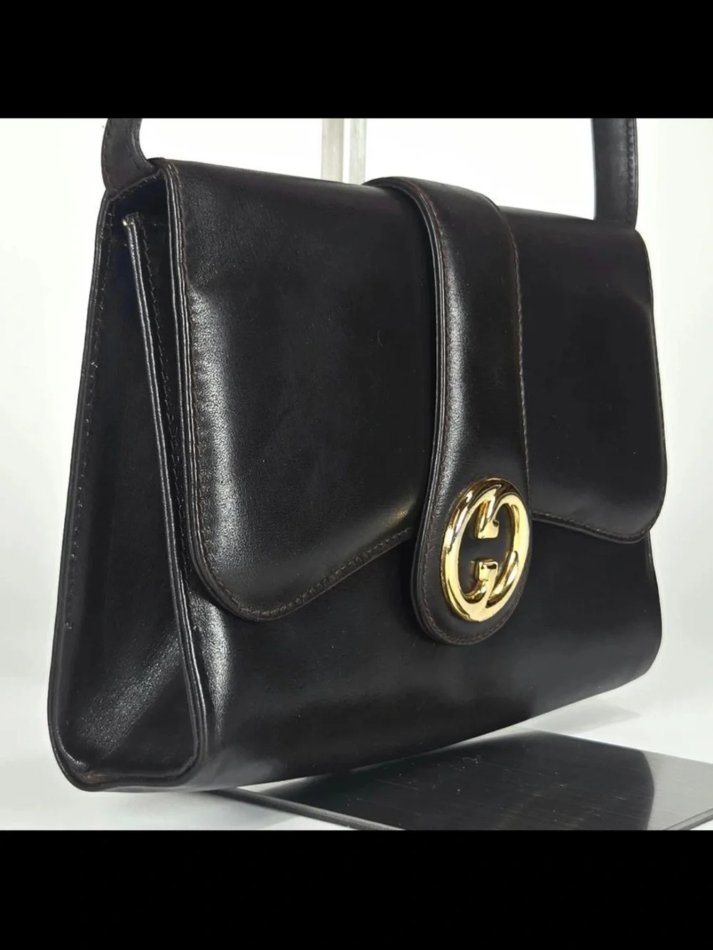 Gucci Black Leather Shoulder Bag with Gold Double G Accent
